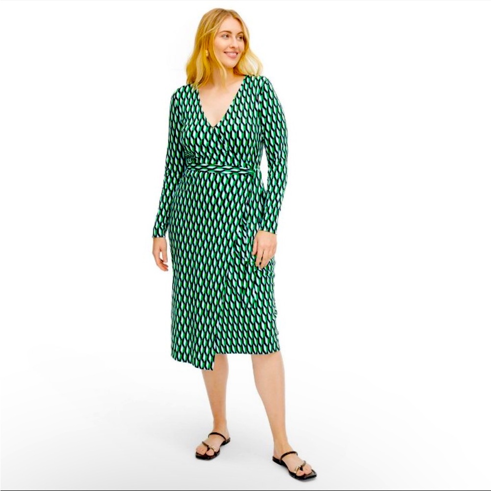 DVF Women’s Long Sleeve Midi Arrow Geo Green Wrap Dress